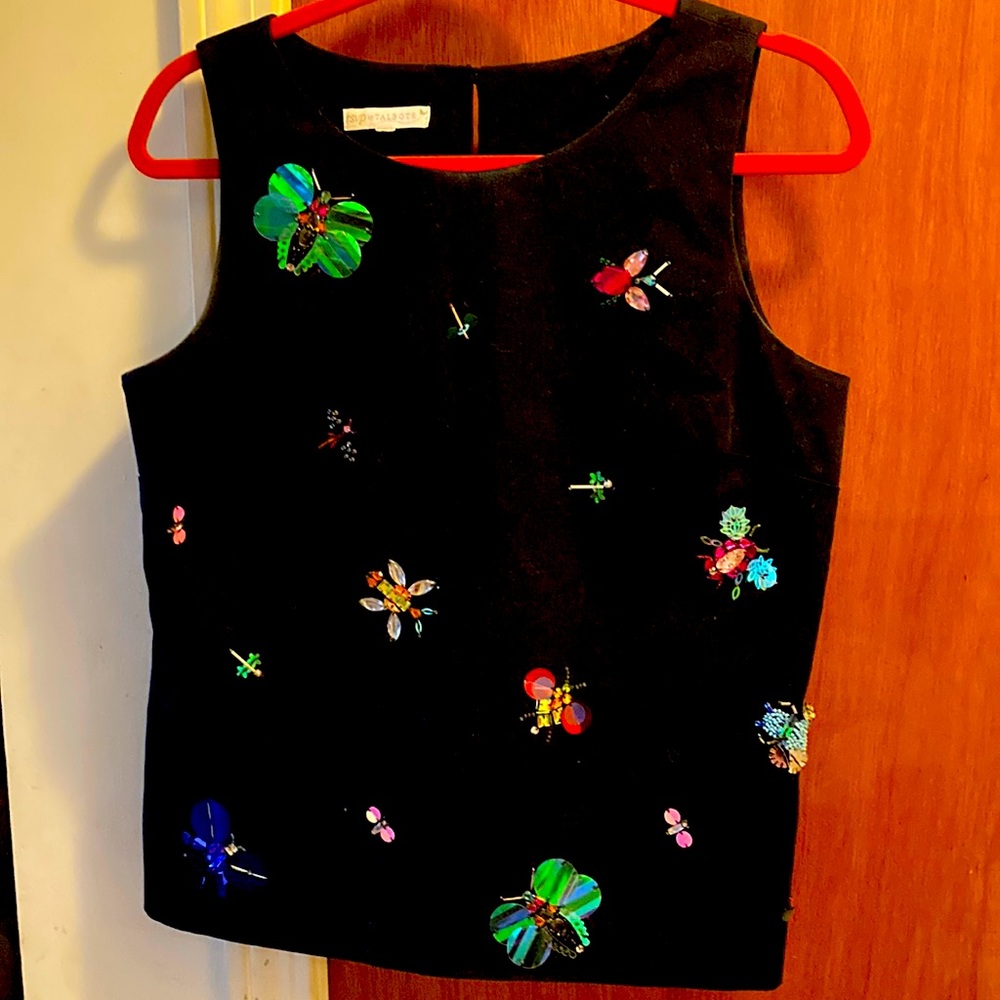 RSVP by Talbots.  Navy blouse, side zipper.   Hand embroidered bugs.  Size 6.